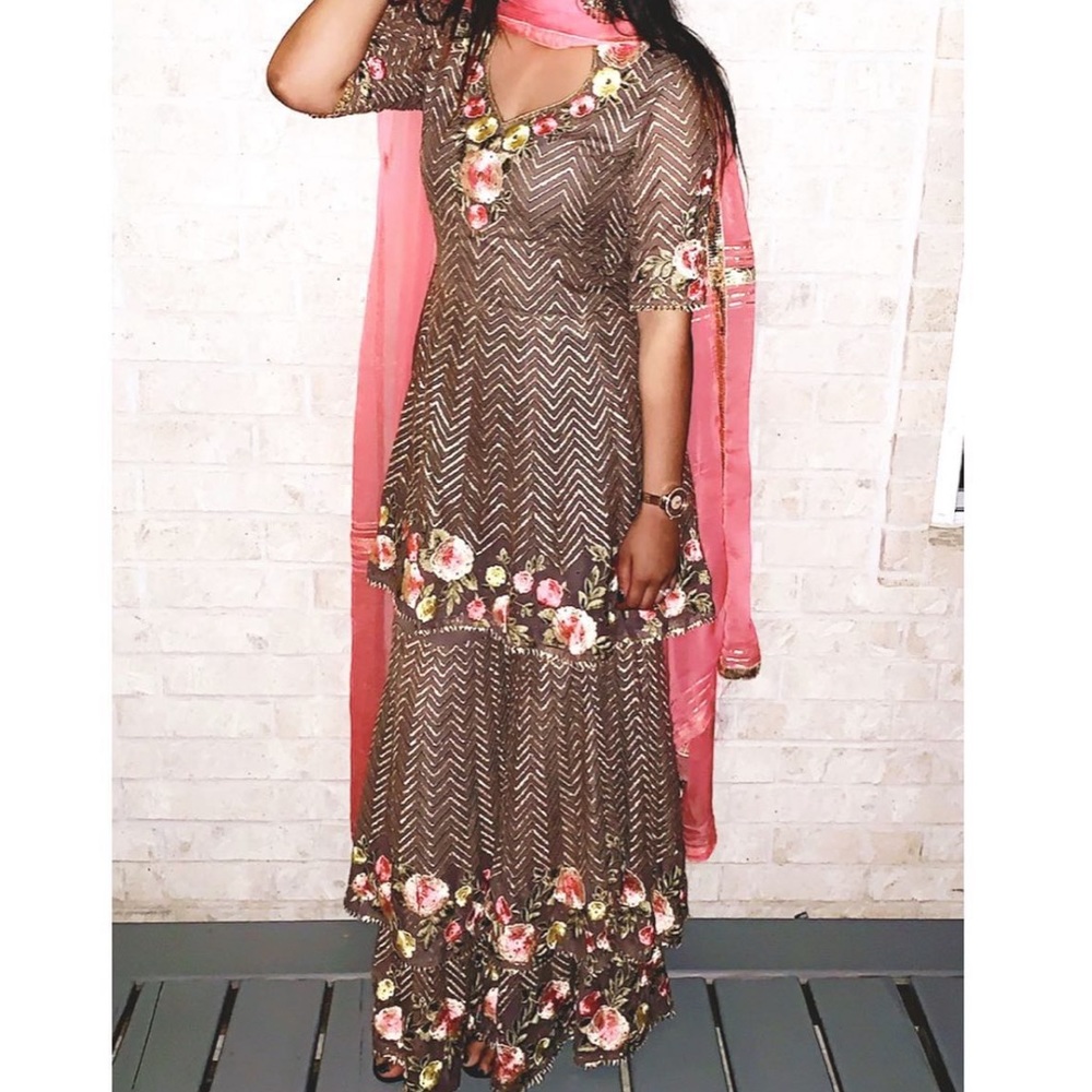 HEAVY BROWN AND CORAL SHARARA SUIT